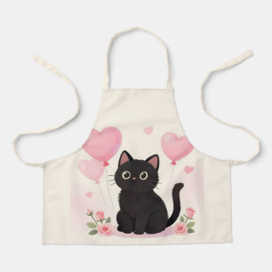 Cute black cat with pink hearts and flowers apron