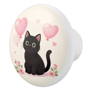Cute black cat with pink hearts and flowers ceramic knob