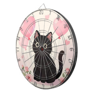 Cute black cat with pink hearts and flowers dartboard