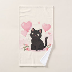 Cute black cat with pink hearts and flowers hand towel