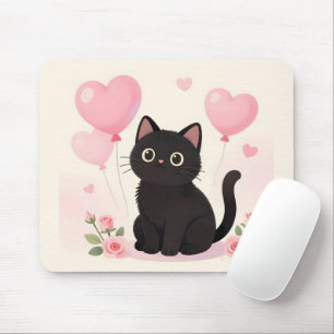 Cute black cat with pink hearts and flowers mouse mat