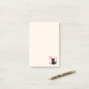 Cute black cat with pink hearts and flowers post-it notes