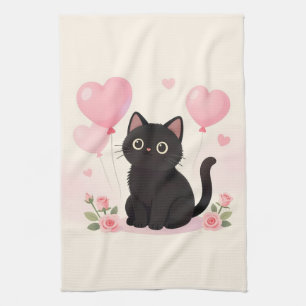 Cute black cat with pink hearts and flowers tea towel