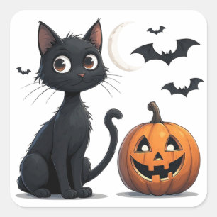 Cute Black Cat with pumpkin Halloween 🎃 Square Sticker