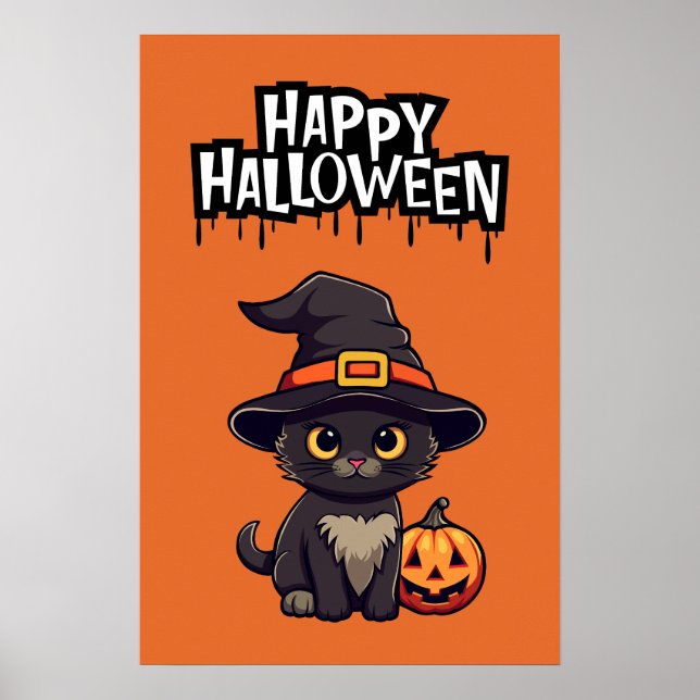 Cute Black Cat  With Pumpkin Jack O Lantern Poster (Front)