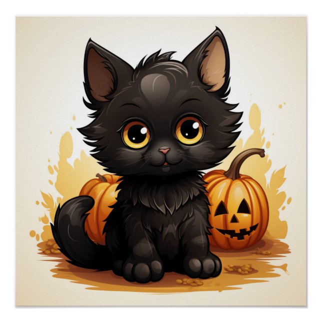 Cute Black Cat with Pumpkins Poster (Front)
