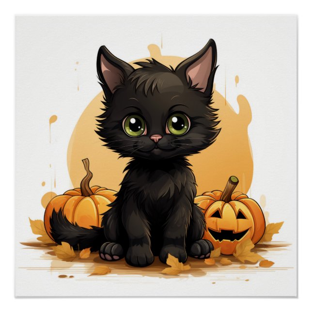 Cute Black Cat with Pumpkins Poster (Front)