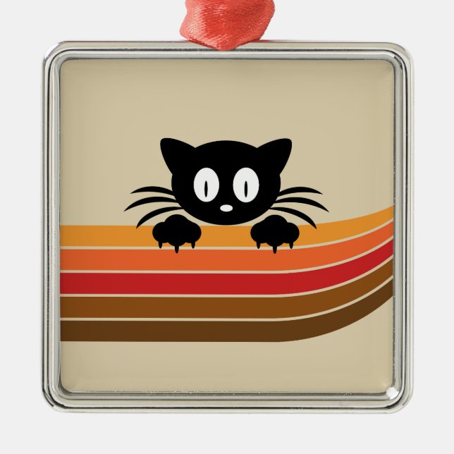 Cute black cat with retro stripes metal tree decoration (Front)
