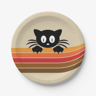 Cute black cat with retro stripes paper plate