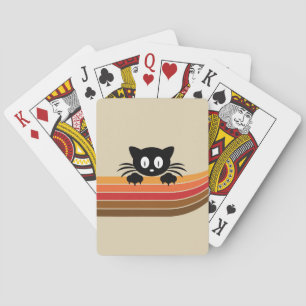 Cute black cat with retro stripes playing cards