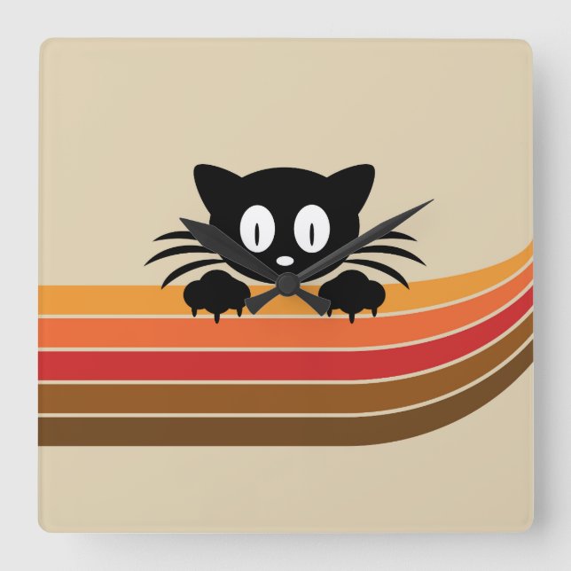Cute black cat with retro stripes square wall clock (Front)