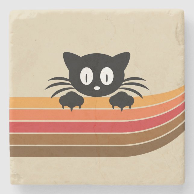 Cute black cat with retro stripes  stone coaster (Front)