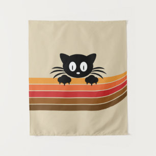 Cute black cat with retro stripes tapestry