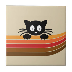 Cute black cat with retro stripes tile