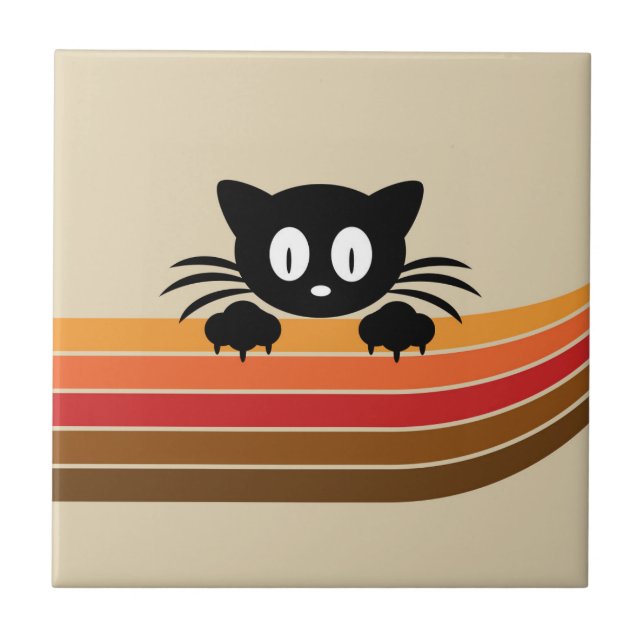 Cute black cat with retro stripes  tile (Front)