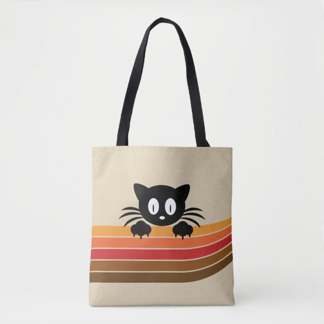 Cute black cat with retro stripes tote bag (Front)