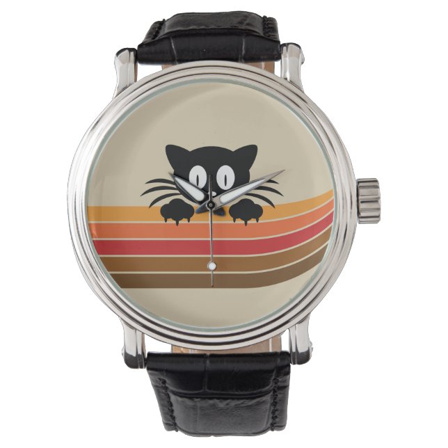 Cute black cat with retro stripes watch (Front)