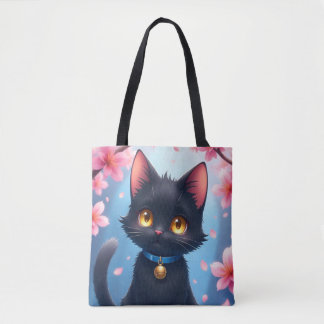 Cute Black Cat with Sakura Flowers Tote Bag