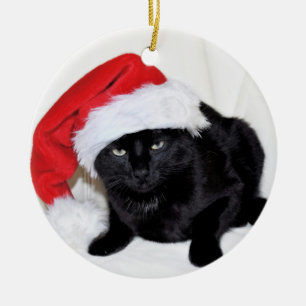 Cute Black Cat with Santa Hat Ceramic Tree Decoration