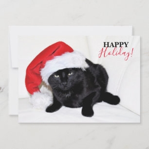 Cute Black Cat with Santa Hat Holiday Card