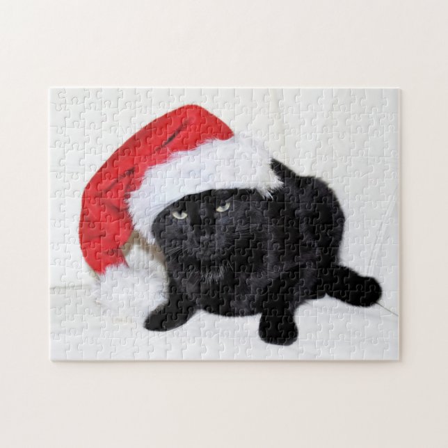 Cute Black Cat with Santa Hat Jigsaw Puzzle (Horizontal)