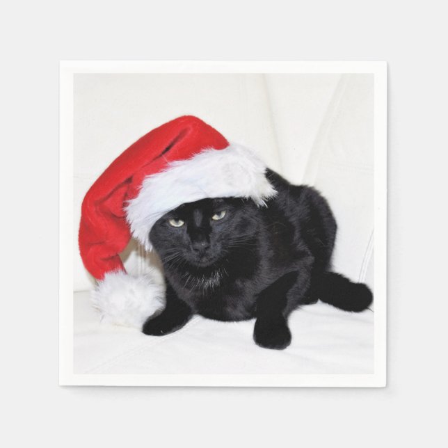 Cute Black Cat with Santa Hat Napkin (Front)