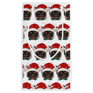 Cute Black Cat with Santa Hat on Christmas Small Gift Bag