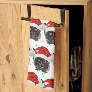 Cute Black Cat with Santa Hat on Christmas Tea Towel