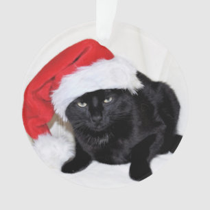 Cute Black Cat with Santa Hat Ornament