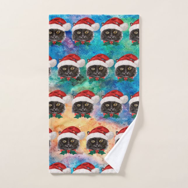 Cute Black Cat with Santa Hat Pattern Hand Towel (Hand Towel)