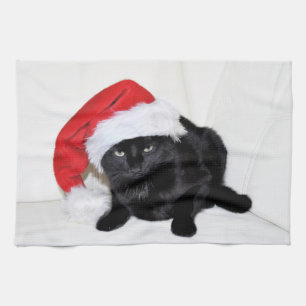 Cute Black Cat with Santa Hat Tea Towel