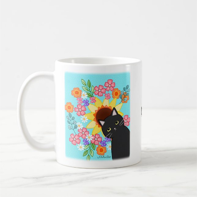 Cute Black cat with Sunflower bright floral custom Coffee Mug (Left)