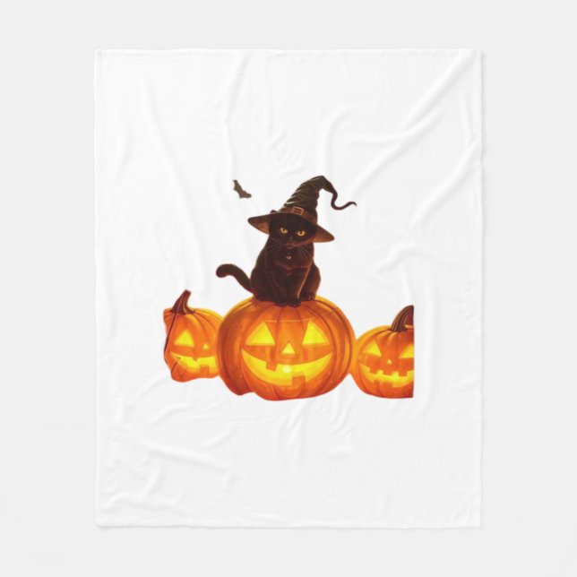 Cute Black Cat with Witch Hat, Bats & Pumpkins – H Fleece Blanket (Front)