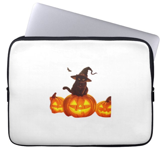 Cute Black Cat with Witch Hat, Bats & Pumpkins – H Laptop Sleeve (Front)