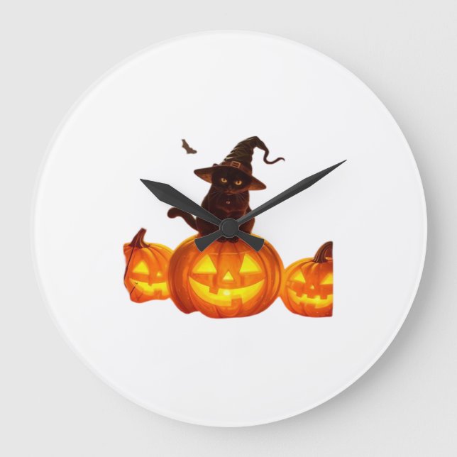 Cute Black Cat with Witch Hat, Bats & Pumpkins � H Large Clock (Front)