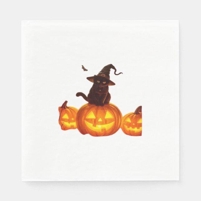 Cute Black Cat with Witch Hat, Bats & Pumpkins – H Napkin (Front)