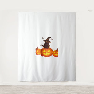 Cute Black Cat with Witch Hat, Bats & Pumpkins – H Tapestry