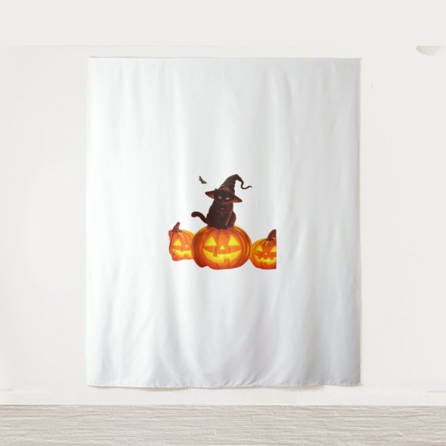 Cute Black Cat with Witch Hat, Bats & Pumpkins – H Tapestry (Front)