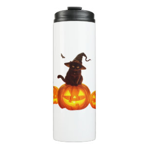 Cute Black Cat with Witch Hat, Bats & Pumpkins – H Thermal Tumbler