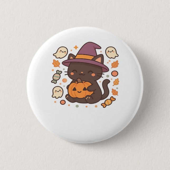 Cute Black Cat with Witch Hat – Kawaii Halloween A 6 Cm Round Badge (Front)