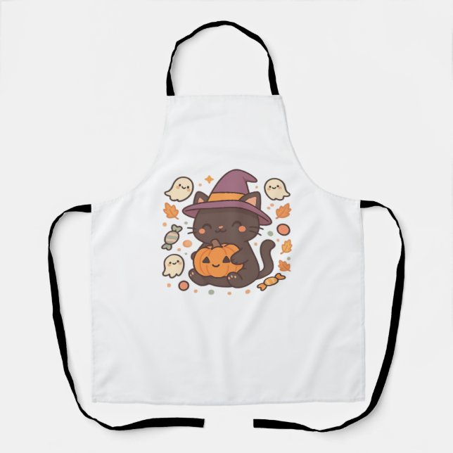 Cute Black Cat with Witch Hat – Kawaii Halloween A Apron (Front)
