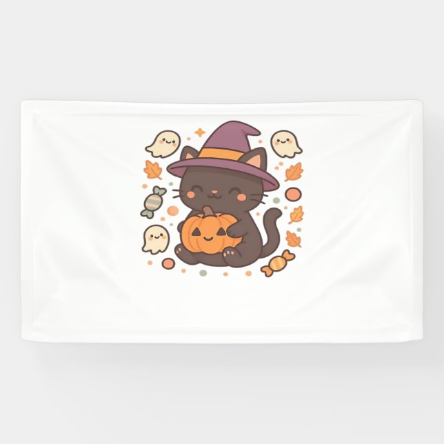 Cute Black Cat with Witch Hat – Kawaii Halloween A Banner (Horizontal)