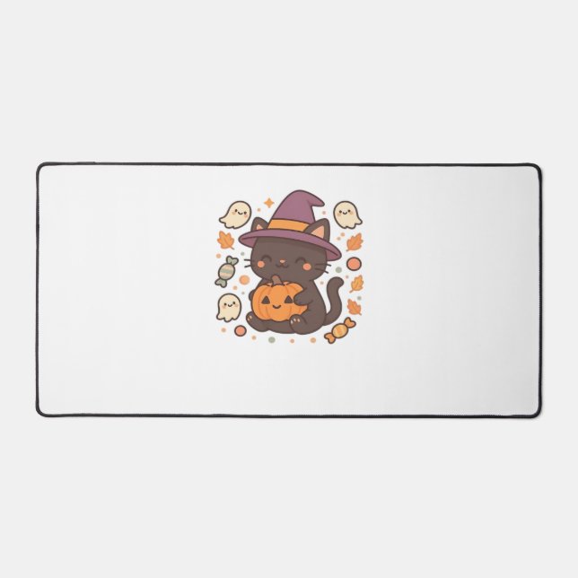 Cute Black Cat with Witch Hat – Kawaii Halloween A Desk Mat (Front)