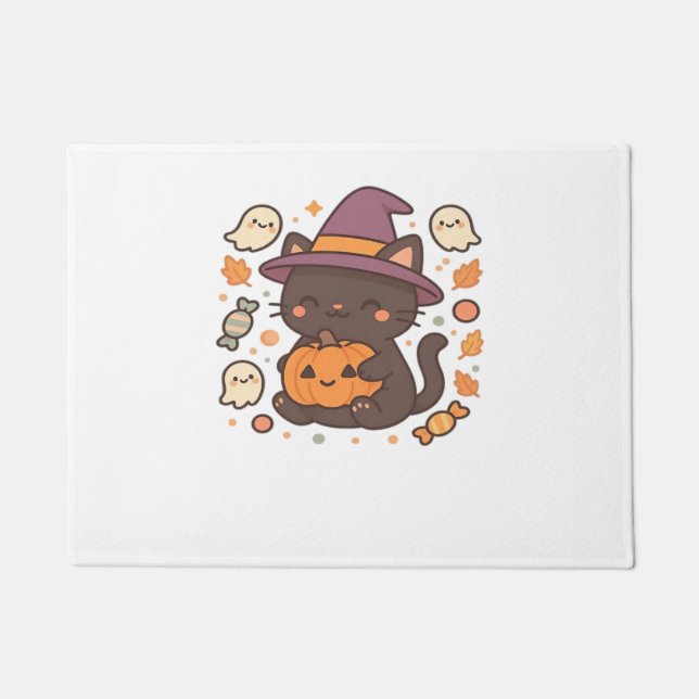 Cute Black Cat with Witch Hat – Kawaii Halloween A Doormat (Front)