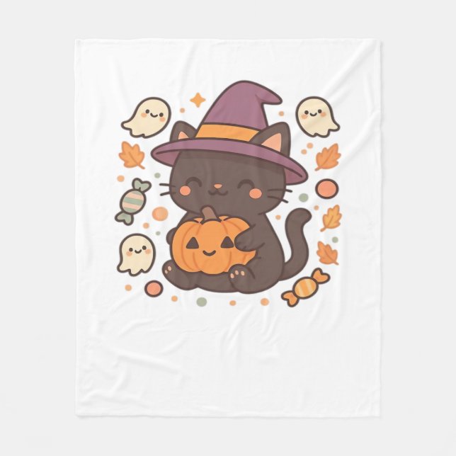 Cute Black Cat with Witch Hat – Kawaii Halloween A Fleece Blanket (Front)
