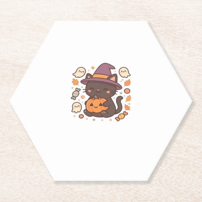 Cute Black Cat with Witch Hat – Kawaii Halloween A Paper Coaster (Front)