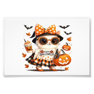 Cute Black Cat with Witch Hat � Kawaii Halloween A Photo Print