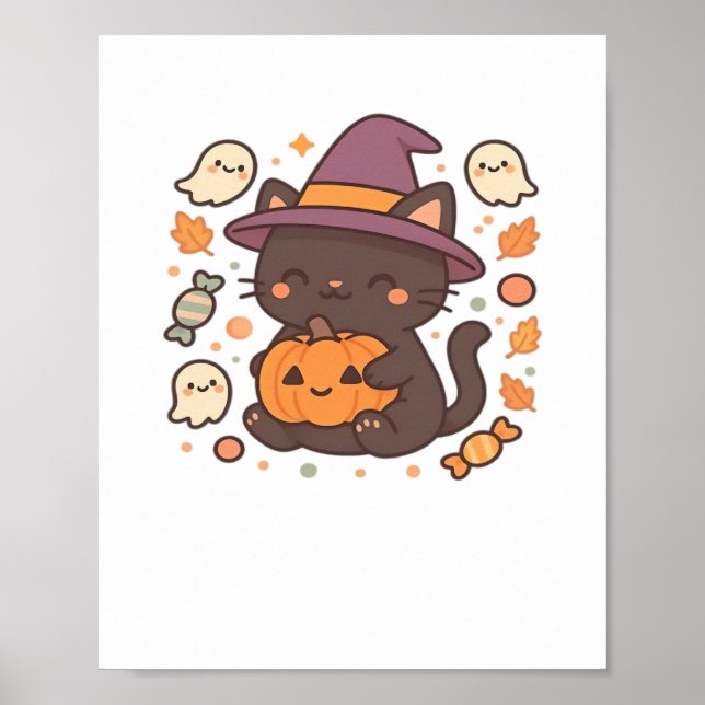 Cute Black Cat with Witch Hat – Kawaii Halloween A Poster (Front)
