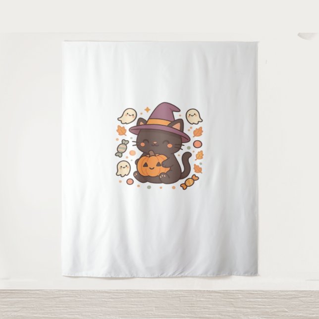Cute Black Cat with Witch Hat – Kawaii Halloween A Tapestry (Front)