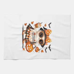 Cute Black Cat with Witch Hat � Kawaii Halloween A Tea Towel